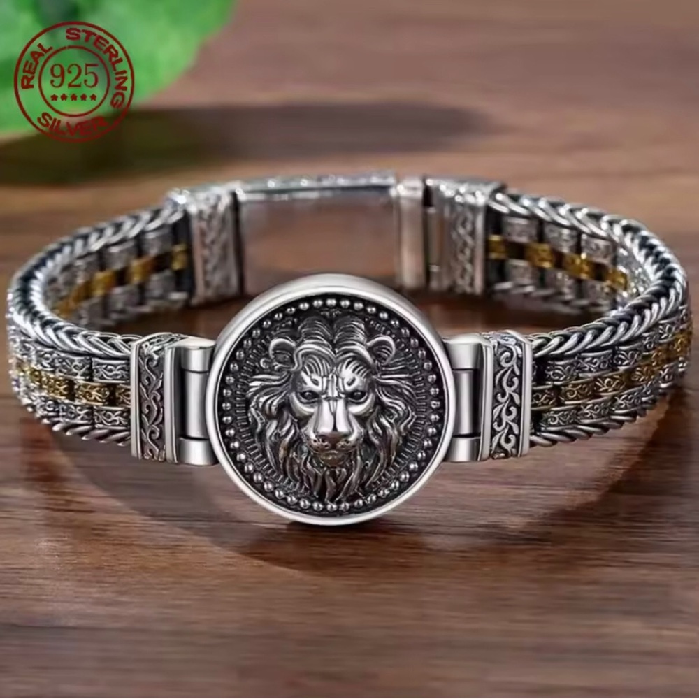Sterling Silver Lion Head Men's Bracelet